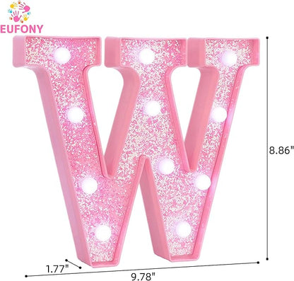 Pink LED Marquee Light Up Letters, Glitter Alphabet Letter Lights for Birthday Party Decorations, Battery Operated Letter Signs for Girls Room Table Decor, Pink letter W with Cool White Lights