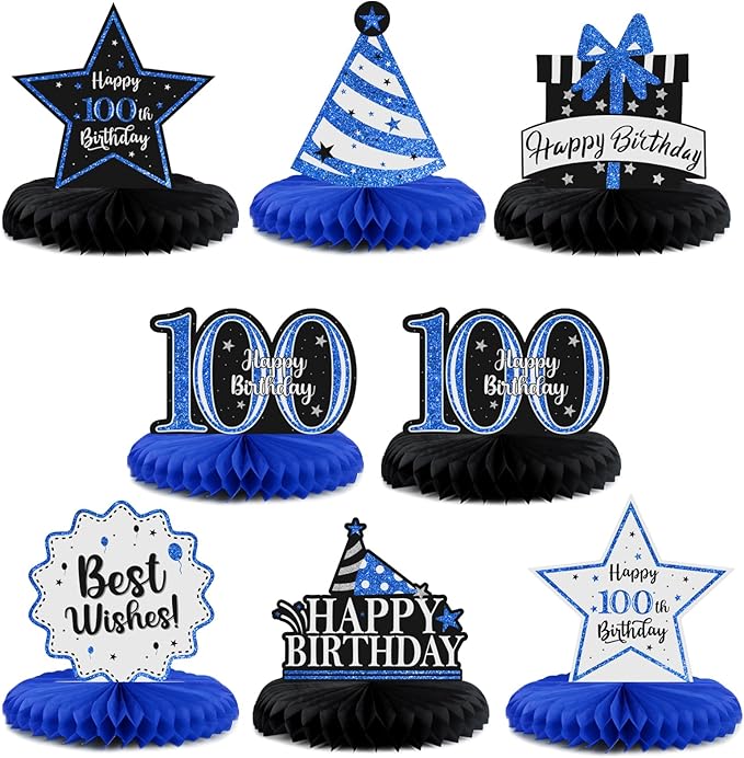Happy 100th Birthday Decorations,100th Bday Blue Glitter Shiny Stand Honeycomb Table Centerpieces - Cheers to 100 Years Old Birthday Party Photoprop Gift Sign.