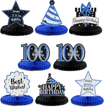 Happy 100th Birthday Decorations,100th Bday Blue Glitter Shiny Stand Honeycomb Table Centerpieces - Cheers to 100 Years Old Birthday Party Photoprop Gift Sign.