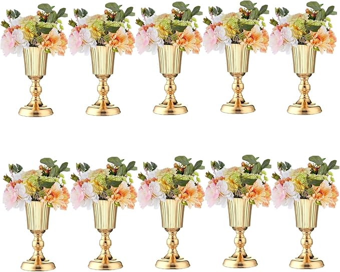 10Pcs Gold Vase Centerpiece Table Decorations - Metal Tabletop Flower Stand, Wedding Decorations for Reception, 10.7in Trumpet Tall Flower Vase for Birthday, Weddings, Anniversary Ceremony, Home Decor
