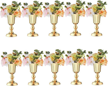 10Pcs Gold Vase Centerpiece Table Decorations - Metal Tabletop Flower Stand, Wedding Decorations for Reception, 10.7in Trumpet Tall Flower Vase for Birthday, Weddings, Anniversary Ceremony, Home Decor