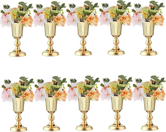 10Pcs Gold Vase Centerpiece Table Decorations - Metal Tabletop Flower Stand, Wedding Decorations for Reception, 10.7in Trumpet Tall Flower Vase for Birthday, Weddings, Anniversary Ceremony, Home Decor