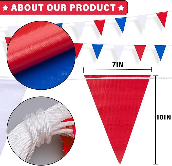 105ft Red White and Blue Pennant Banner Flag, 7"x10" Fluorescent Safety Flagging Banner Warning Flag for Construction Site/Boundary Barrier Signs, Perimeter Marking Flags on String, 45 Flags