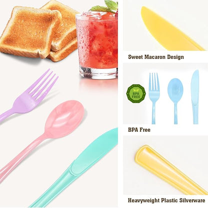 300 PCS Pastel Plastic Silverware, Iridescent Utensils Plastic Silverware, 5 Macaron Colors Pastel Party Supplies Includes 100 Forks 100 Knives 100 Spoons for Birthday, Garden Party, Wedding