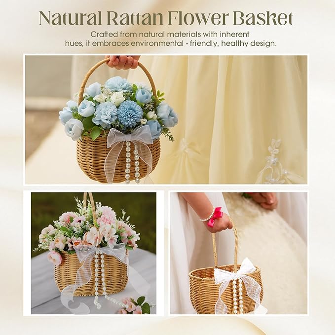 1 Pcs Wicker Rattan Flower Girl Basket with Bows and Pearl 11.8x8.7x5.1 Inches Rustic Wedding Basket for Flower Girl, Hand Woven Willow Storage for Ceremonies Home Decoration (Classic)
