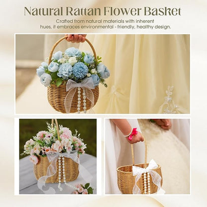 1 Pcs Wicker Rattan Flower Girl Basket with Bows and Pearl 11.8x8.7x5.1 Inches Rustic Wedding Basket for Flower Girl, Hand Woven Willow Storage for Ceremonies Home Decoration (Classic)