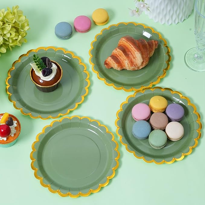 Sage green & gold scalloped party plates with napkins and fork gold foil border, 24 Guest green disposable Tableware Set Party Decoration for Birthday Coquette Bridal Baby Shower Valentines