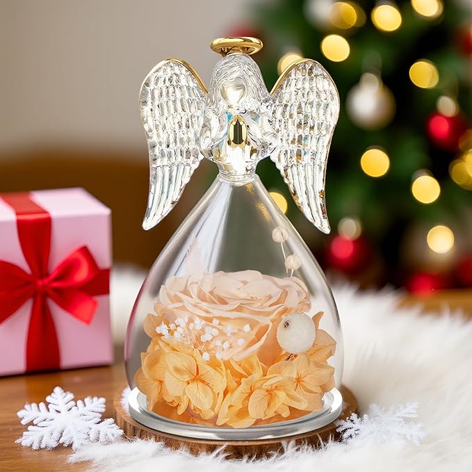 Yamonic Angel Figurine with Preserved Rose, Champagne, Gifts for Mom Grandma, Mothers Day, Christmas, Anniversary, Birthday