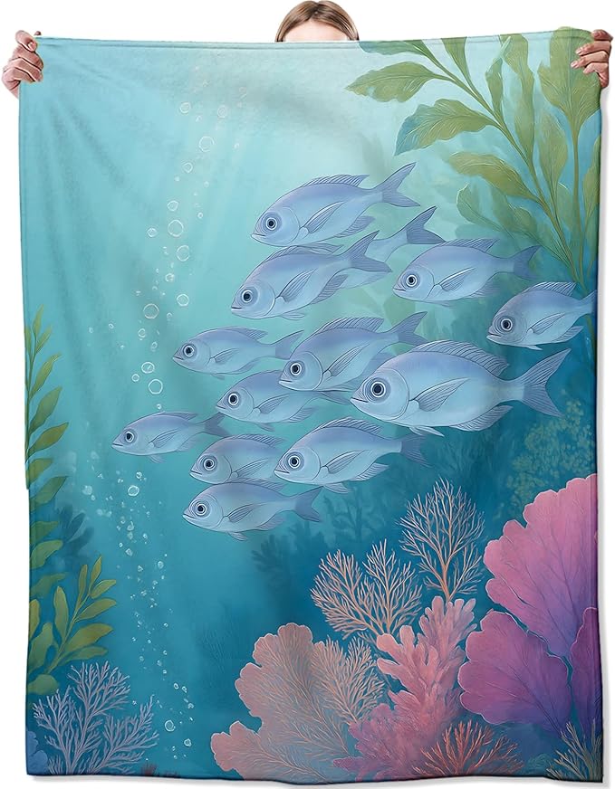 Ocean Fish Blanket,Colorful Coral Reef Blankts,Gifts for Sea Lovers Teens Kids,Beach House Bedroom Cabin Picnic Travel Coastal Decor,Nautical Soft Cozy Lightweight Flannel Throw,50"x60"