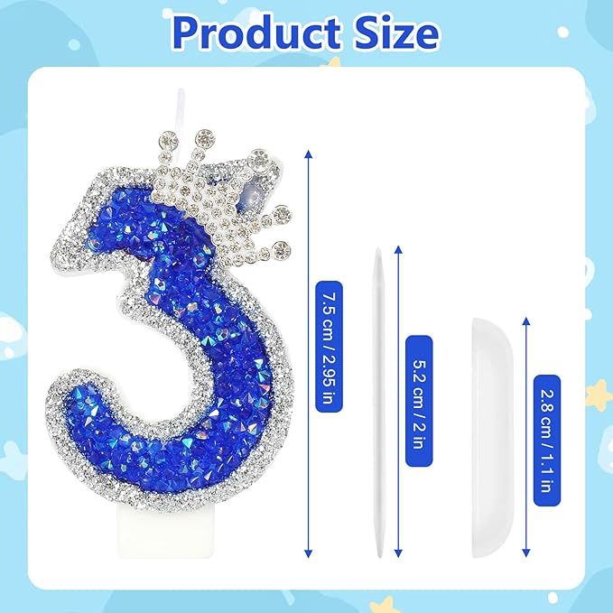 Blue Birthday Candle Crown Number 3 Candle with Sequins Cake Candles Cupcake Decorations Party Decor for Anniversary Celebrations Supplies