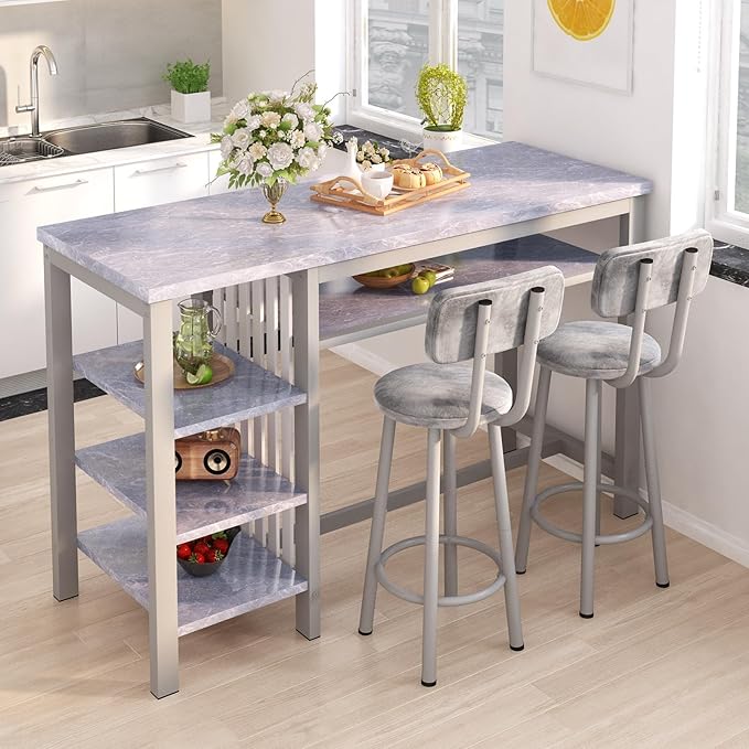 AWQM 3-Piece Bar Table and Chairs Set, Modern Glay Table with 2 PU Cushion Bar Stools, Kitchen Counter with 3 Tier Storage Shelves, Space Saving Table for Home & Kitchen, Black Frame