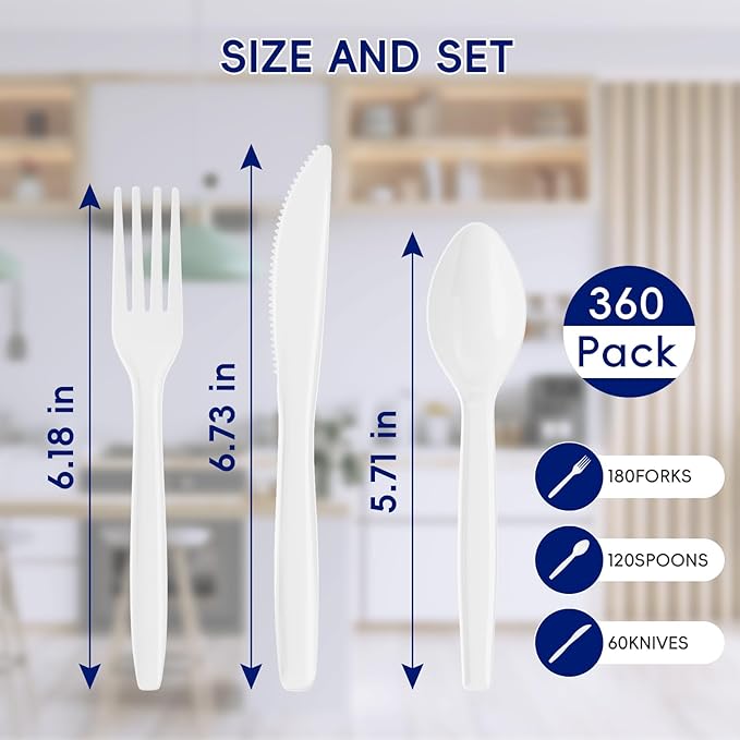 JOLLY CHEF 360 Count White Plastic Silverware Heavy Duty, 180 Forks, 120 Spoons, 60 Knives, Heat ResistantPlastic Utensils Set, Disposable Cutlery set, Premium Clear Utencils for Party, Christmas