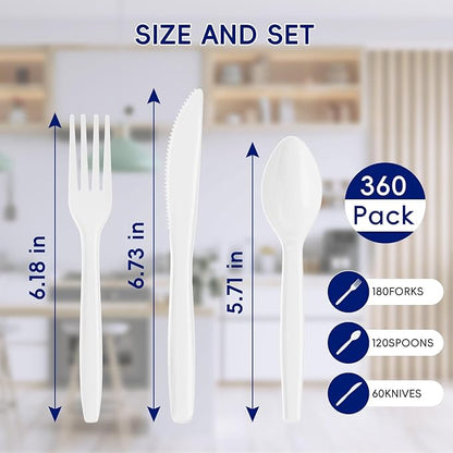 JOLLY CHEF 360 Count White Plastic Silverware Heavy Duty, 180 Forks, 120 Spoons, 60 Knives, Heat ResistantPlastic Utensils Set, Disposable Cutlery set, Premium Clear Utencils for Party, Christmas
