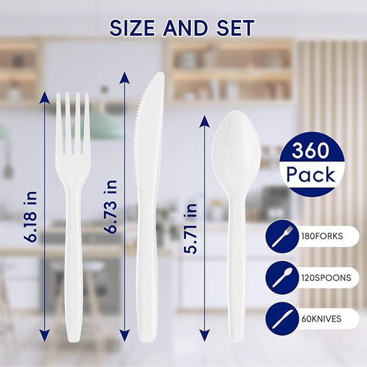 JOLLY CHEF 360 Count White Plastic Silverware Heavy Duty, 180 Forks, 120 Spoons, 60 Knives, Heat ResistantPlastic Utensils Set, Disposable Cutlery set, Premium Clear Utencils for Party, Christmas