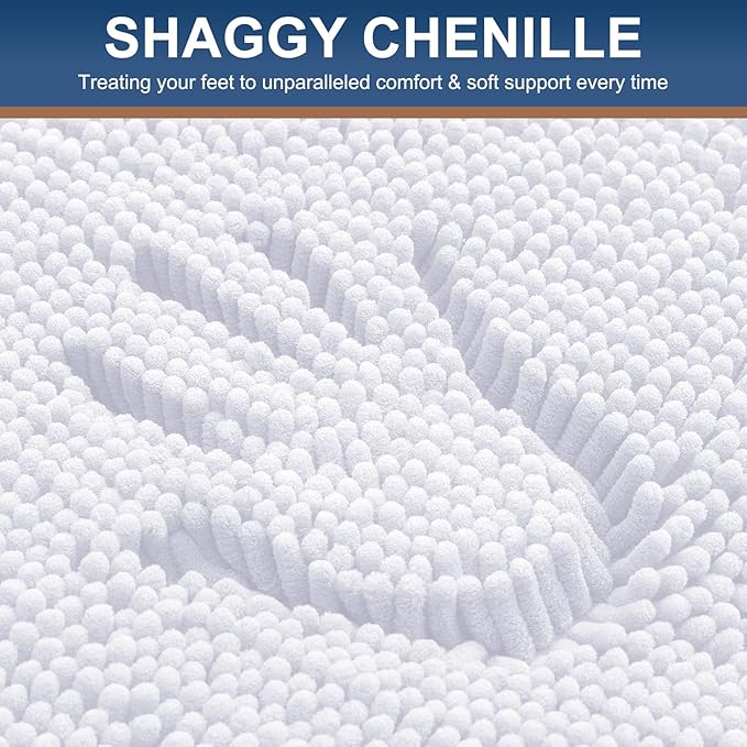 Smiry Luxury Chenille Bathroom Rugs 50x30, Extra Soft and Absorbent Shaggy Bath Mat, Machine Washable, Non-Slip Plush Carpet Runner for Tub, Shower, and Floor, Home Decor Accessories, White