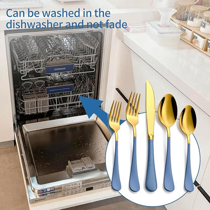 20-Piece Grey blue & Gold Silverware Set, 18/0 Stainless Steel Colorful Handle Flatware Set,Service for 4,Modern Cutlery Set Includes Dinner Knives Forks Spoons,Mirror Polished,Dishwasher Safe
