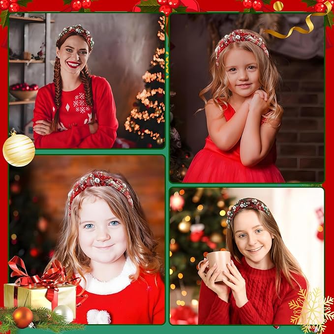 CUBACO 2 Pcs Christmas Headband for Women White Pearl Rhinestone Crystal Jeweled Embellished Hairband Wide Top Knot Headpieces Christmas Holiday Party Decoration Accessories(Red Green Plaid Headband)