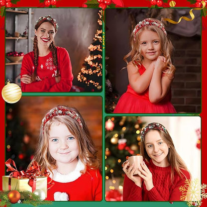 CUBACO 2 Pcs Christmas Headband for Women White Pearl Rhinestone Crystal Jeweled Embellished Hairband Wide Top Knot Headpieces Christmas Holiday Party Decoration Accessories(Red Green Plaid Headband)