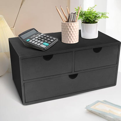 Bamboo Desk Organizer with 3 Drawers, Countertop Organizer with Drawers Makeup Storage Drawer 3 Drawer Tabletop Storage Organization Box Home Office Workspace（Black）