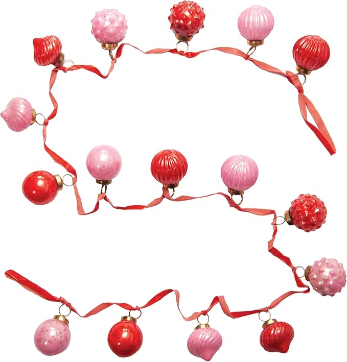 Creative Co-Op Embossed Mercury Glass Ornament Garland with Velvet Ribbon, Pink and Red
