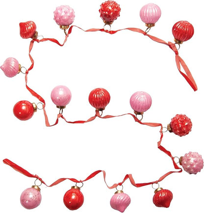 Creative Co-Op Embossed Mercury Glass Ornament Garland with Velvet Ribbon, Pink and Red