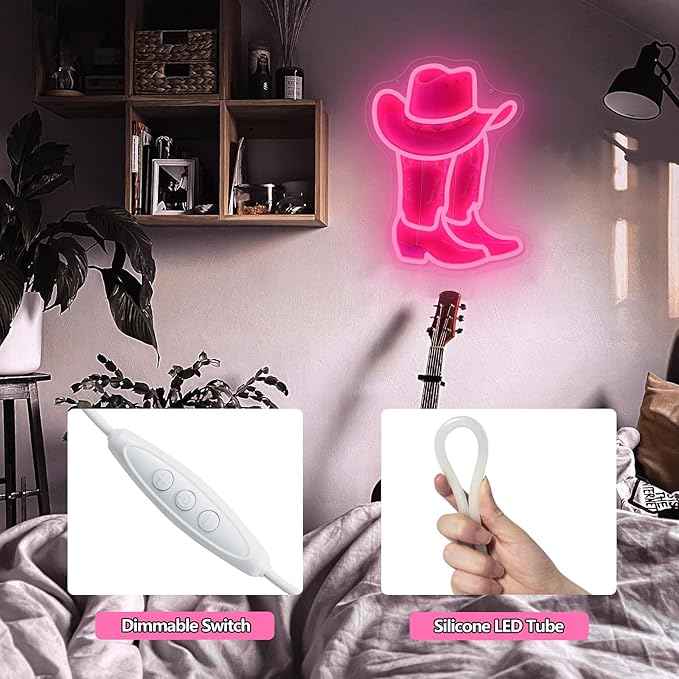 Cowboy Boot Neon Sign Cowboy Hat Neon Light 16.2”x12.3” Pink Cowgirl LED Sign for Wall Decor Dimmable Western Cowgirl Light Up Signs for Bedroom Game Room Presents for Birthday Party Rodeo Enthusiast