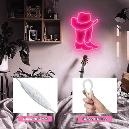 Cowboy Boot Neon Sign Cowboy Hat Neon Light 16.2”x12.3” Pink Cowgirl LED Sign for Wall Decor Dimmable Western Cowgirl Light Up Signs for Bedroom Game Room Presents for Birthday Party Rodeo Enthusiast