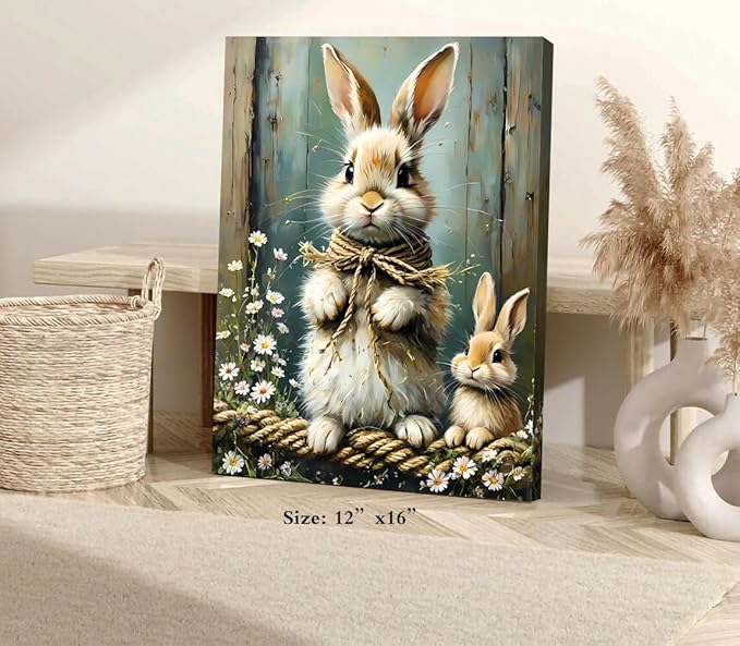 Farmhouse Rabbit Wall Art,Bunny Easter Flower Wall Decor Framed Canvas Wall Art,Vintage Rabbit Prints,Rustic Bunny Spring Wildflower Wall Decor for Living Room Farmhouse Dorm(12"x16")