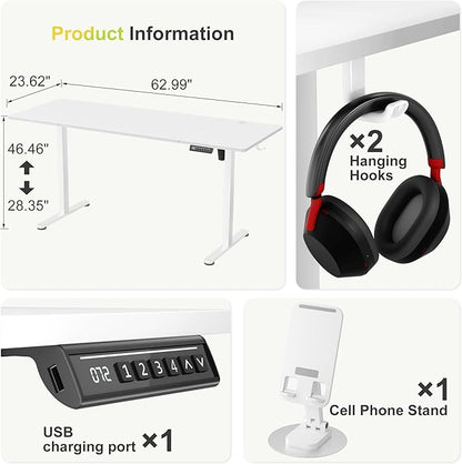 Furmax Electric Standing Desk, 63 x 24 Inches Sit Stand up Desk, Sit Stand Height Adjustable Home Office Desk with 4 Height Position Memory - with Splice Board (White, 63)