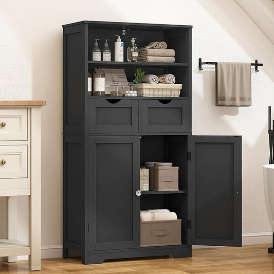 Iwell Tall Storage Cabinet, Black Storage Cabinet with 2 Drawers & Adjustable Shelves, Bathroom Cabinet for Living Room, Dining Room, Entryway, Black