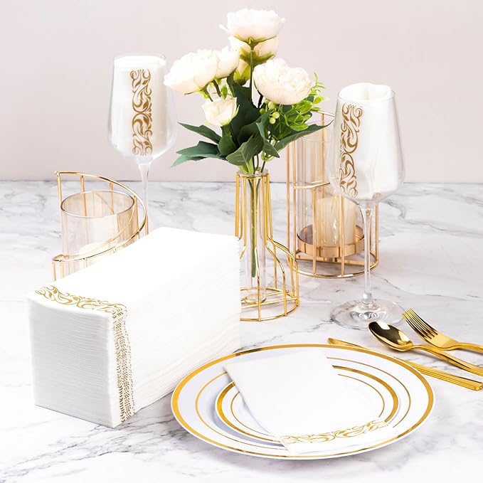 Goodluck 100-Pack Linen-Feel Disposable Guest Towels – Soft and Absorbent Paper Hand Towels for Bathroom or Kitchen – Elegant White Napkins with Gold Design for Parties, Weddings, Dinners Events