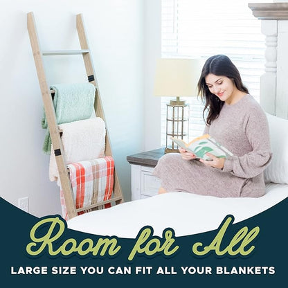 Blanket Ladder for Living Room and Bedroom, 5ft 8 inch, 6-Tier Wall Leaning Laminate No-Snag Construction (Smokey Oak) Rustic Decorative Farmhouse Blanket Storage, Quilt Rack, Ladder Shelf