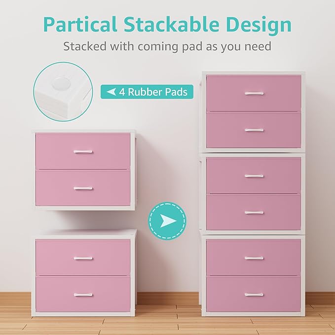 BOLUO Stackable Closet Drawers for Clothes Organizers and Storage Fabric Pink 2 Drawer Dresser for Bedroom 2 Packs Modern Large