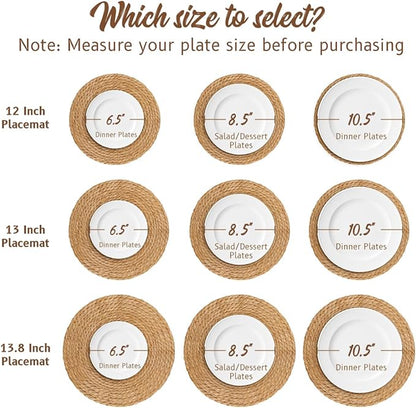 13.8 in Round Woven Placemats Plate Chargers Set of 6, Boho Farmhouse Rustic Woven Place Mats for Dining Table Decor, Rattan Wicker Table Mats Jute Braided Chargers for Dinner Plates