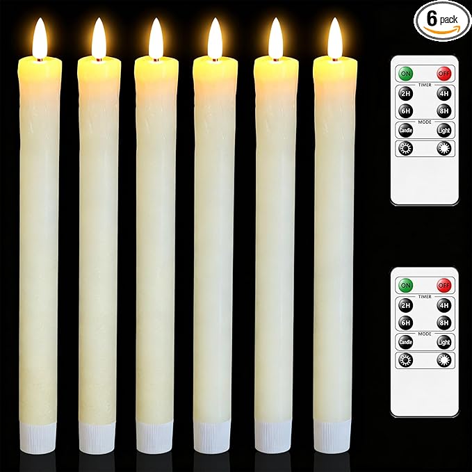 Lezonic Ivory Flameless Taper Candles Battery Operated with Remote, Long LED Candlesticks Flickering Real Wax Set of 6, 9.5 inch Battery Candles with Realistic 3D Flame