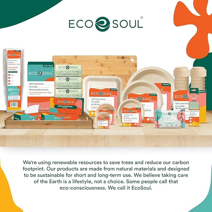 ECO SOUL 400 Pcs Compostable Dinnerware Set For 50 Guests, 50 Pcs Each Of Eco-Friendly Disposable Paper Plates Of 9"" & 6"", Cutlery, Napkins, 16 oz Bowls & 16 oz Cups For Party, Picnic & Gathering