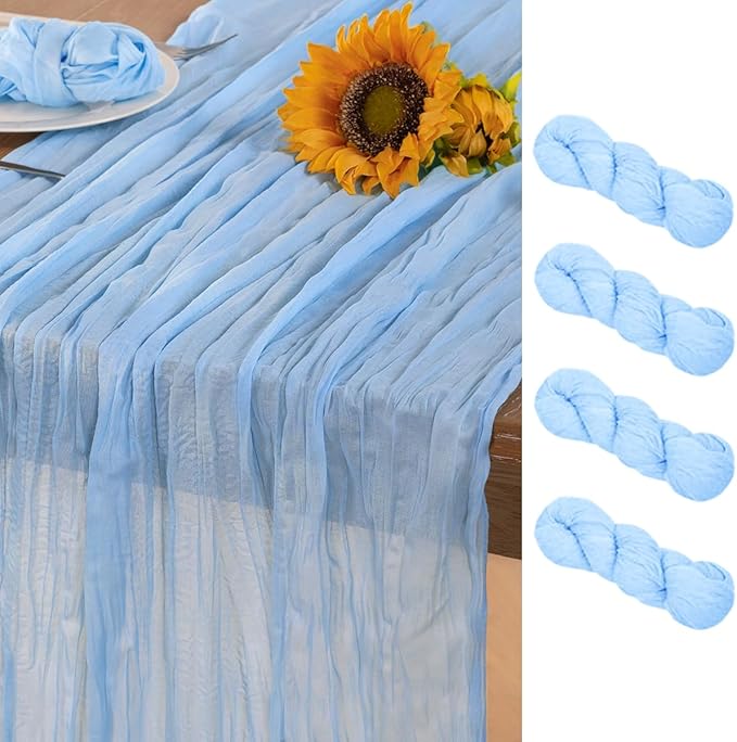 Baby Blue Cheesecloth Table Runner 4 Pack Christmas Table Runners Boho Gauze 120 Inches Light Blue Table Decor for Xmas Holiday Season Parties Wedding Bridal Baby Boy Shower Birthday