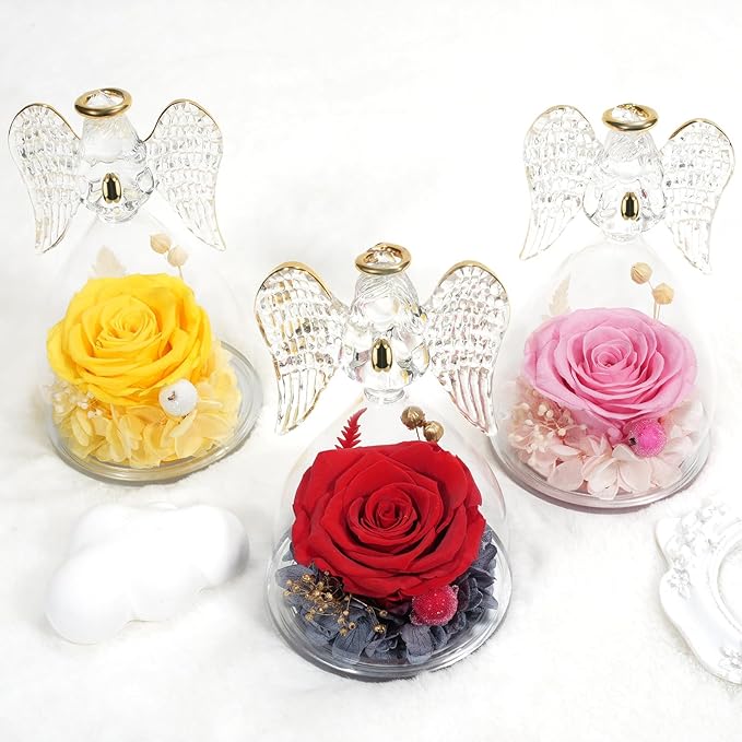 Miofula Preserved Flower Rose Birthday Gifts for Mom, Angel Figurines with Forever Real Rose Gifts for Her Mom Grandma, Angels Gifts for Mothers Day Christmas Anniversary Thanksgiving Birthday Gifts
