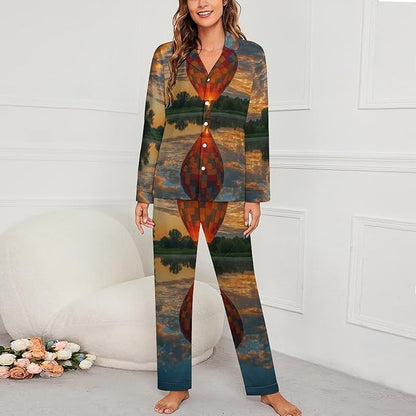 Lemons Leaves Ceramic Style Womens Pajama Set Long Sleeve Pajamas Top And Pants Soft Loungewear Pjs Sets