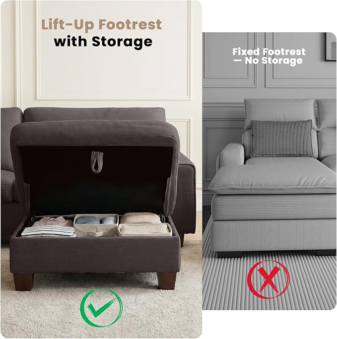 DOPEDIO L-Shaped Sectional Sofa with Storage Ottoman, Modern Chenille Recliner Loveseat, Removable Couch Covers, Pocket Spring Cushions, Solid Wood Frame, Easy to Install (88.58inch, Dark Grey)