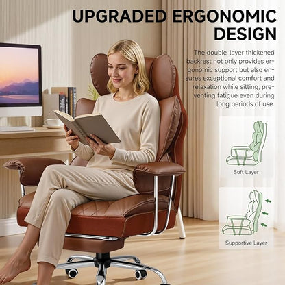 COMHOMA Big and Tall Office Chair, High Back Leather Gaming Chair with Footrest, Executive Ergonomic Office Chairs with Pocket Spring Lumbar Support and with Outward Fixed Soft Armrests