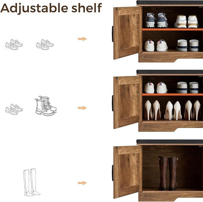 2-Tier Storage Bench, 47.2" Wide Shoe Bench with Padded Seat Cushion, Entryway Bench with 4 Barn Doors and Adjustable Shelf, Rustic Walnut