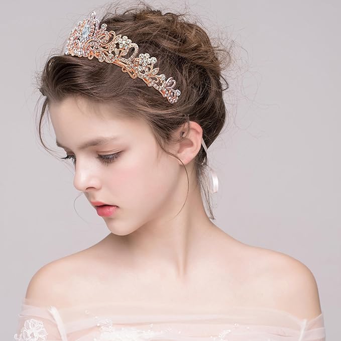 Tiaras for Women Princess Crowns for Woman Crystal Rose Gold Crown for Women Rhinestone Princess Tiara Halloween Tiaras for Girls Birthday Rose Gold Tiara for Costume Prom