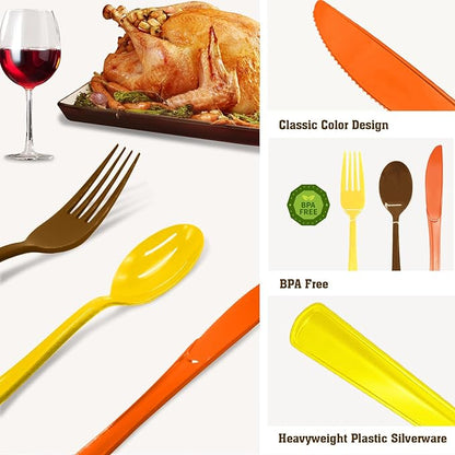 153 Pcs Thanksgiving Plastic Silverware Heavy Duty Disposable Cutlery Sets Includes Plastic Spoons Forks Knives for Thanksgiving Party Supplies (Yellow Orange Brown)