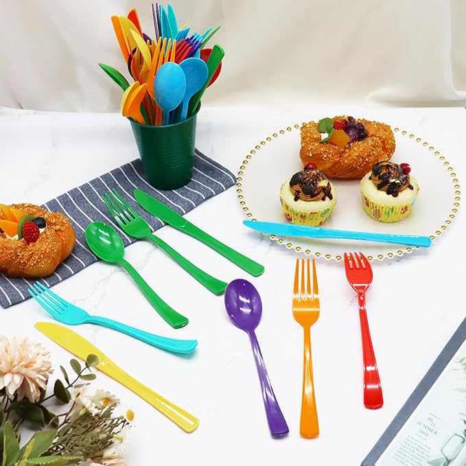 294 Pcs Neon Plastic Silverware Pastel Disposable Silverware Heavy Duty Colorfu Plastic Cutlery Set Includes 98Plastic Forks 98 Knives 98 Spoons for All Occasions（7 Colors）