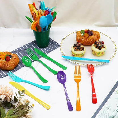 294 Pcs Neon Plastic Silverware Pastel Disposable Silverware Heavy Duty Colorfu Plastic Cutlery Set Includes 98Plastic Forks 98 Knives 98 Spoons for All Occasions（7 Colors）