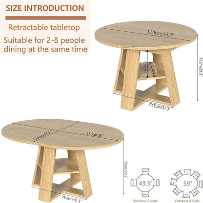43.3in-59in Extendable Round Dining Table for 4-8,Modern Kitchen Oval Dining Table with Removable Leaves Space Saving,Wood Base with Storage Shelf for Kitchen Living Room (Wood Color)
