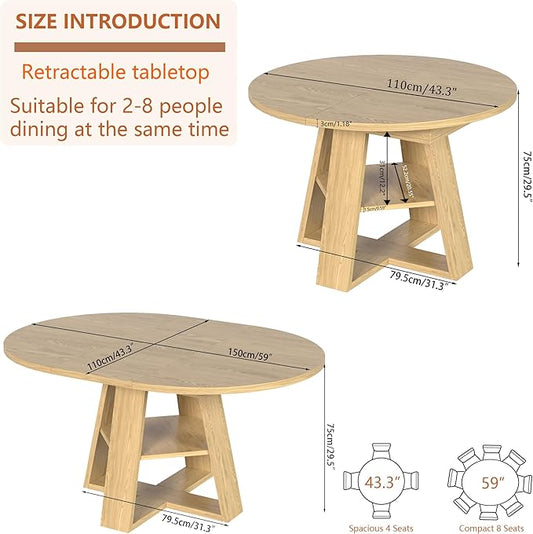 43.3in-59in Extendable Round Dining Table for 4-8,Modern Kitchen Oval Dining Table with Removable Leaves Space Saving,Wood Base with Storage Shelf for Kitchen Living Room (Wood Color)