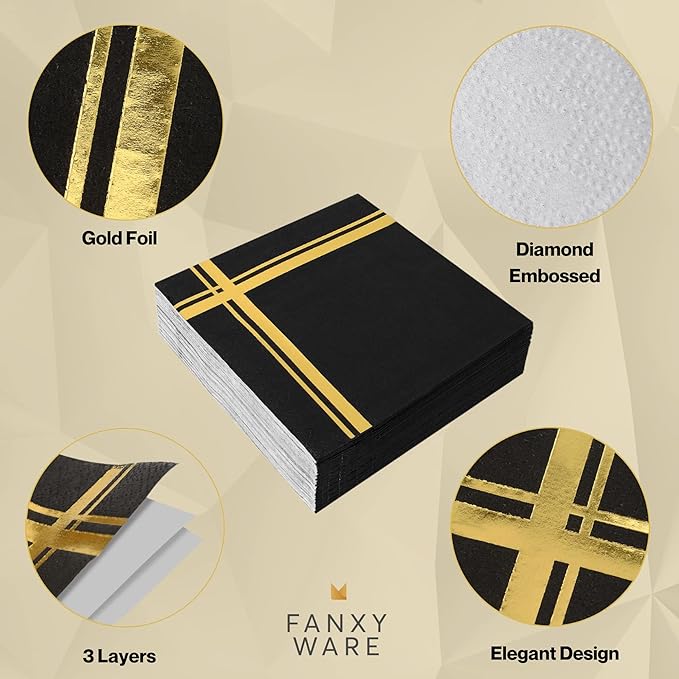 Gold on Black Cocktail Napkins - 100 Pack, 5" x 5", 3-Ply Paper - Style Name: Blissful Crossing