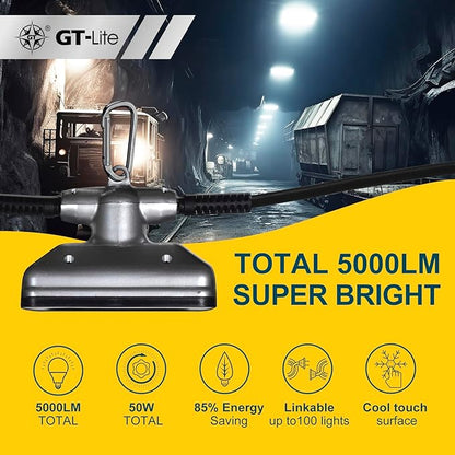GT-Lite 50FT LED Work Light 50W 5000 Lumen Damp Rated Construction String Lights Linkable for Jobsite Lighting, 5000k Daylight White, ETL Listed (5 Light Heads)
